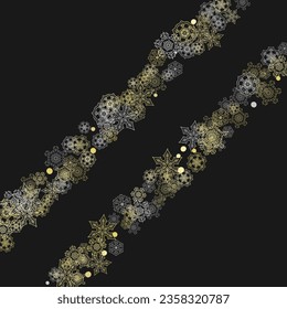 Glitter snowflakes frame on black background. Winter window. Shiny Christmas and New Year frame for gift certificate, ads, banners, flyers. Falling snow with golden glitter snowflakes for party invite