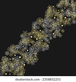 Glitter snowflakes frame on black background. Winter window. Shiny Christmas and New Year frame for gift certificate, ads, banners, flyers. Falling snow with golden glitter snowflakes for party invite