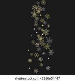 Glitter snowflakes frame on black background. Winter window. Shiny Christmas and New Year frame for gift certificate, ads, banners, flyers. Falling snow with golden glitter snowflakes for party invite