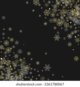 Glitter snowflakes frame on black background. Winter window. Shiny Christmas and New Year frame for gift certificate, ads, banners, flyers. Falling snow with golden glitter snowflakes for party invite