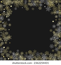 Glitter snowflakes frame on black background. Winter window. Shiny Christmas and New Year frame for gift certificate, ads, banners, flyers. Falling snow with golden glitter snowflakes for party invite