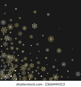 Glitter snowflakes frame on black background. Winter window. Shiny Christmas and New Year frame for gift certificate, ads, banners, flyers. Falling snow with golden glitter snowflakes for party invite