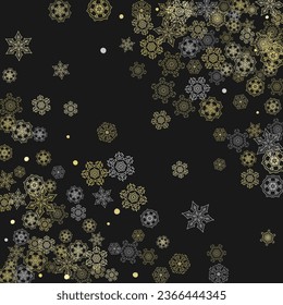 Glitter snowflakes frame on black background. Winter window. Shiny Christmas and New Year frame for gift certificate, ads, banners, flyers. Falling snow with golden glitter snowflakes for party invite