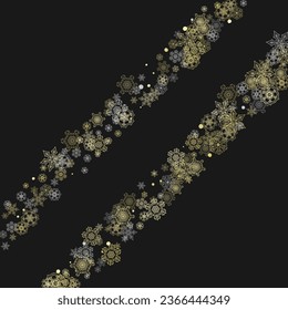Glitter snowflakes frame on black background. Winter window. Shiny Christmas and New Year frame for gift certificate, ads, banners, flyers. Falling snow with golden glitter snowflakes for party invite