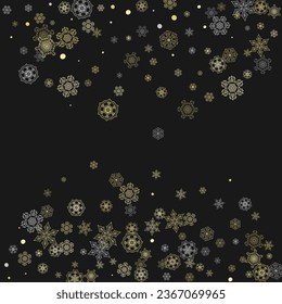 El marco de los copos de nieve brillan sobre el fondo negro. Ventana de invierno. Luminoso marco de Navidad y Año Nuevo para certificado de regalo, anuncios, pancartas, folletos. Invitación a la fiesta de la caída de la nieve con brillantes copos de nieve