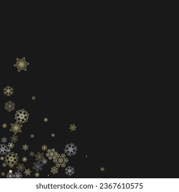 Glitter snowflakes frame on black background. Winter window. Shiny Christmas and New Year frame for gift certificate, ads, banners, flyers. Falling snow with golden glitter snowflakes for party invite