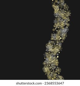 Glitter snowflakes frame on black background. Winter window. Shiny Christmas and New Year frame for gift certificate, ads, banners, flyers. Falling snow with golden glitter snowflakes for party invite