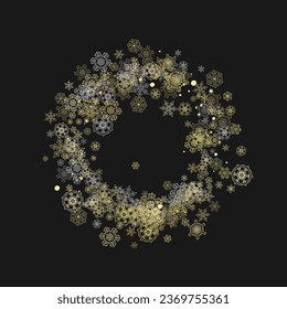 Glitter snowflakes frame on black background. Winter window. Shiny Christmas and New Year frame for gift certificate, ads, banners, flyers. Falling snow with golden glitter snowflakes for party invite