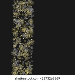 Glitter snowflakes frame on black background. Winter window. Shiny Christmas and New Year frame for gift certificate, ads, banners, flyers. Falling snow with golden glitter snowflakes for party invite