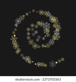 Glitter snowflakes frame on black background. Winter window. Shiny Christmas and New Year frame for gift certificate, ads, banners, flyers. Falling snow with golden glitter snowflakes for party invite