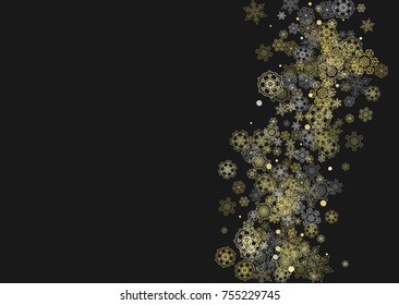 Glitter snowflakes frame on black horizontal background. Shiny Christmas and New Year frame for gift certificate, ads, banners, flyers. Falling snow with golden glitter snowflakes for party invite