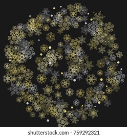 Glitter snowflakes frame on black background. Winter window. Shiny Christmas and New Year frame for gift certificate, ads, banners, flyers. Falling snow with golden glitter snowflakes for party invite