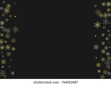 Glitter snowflakes frame on black horizontal background. Shiny Christmas and New Year frame for gift certificate, ads, banners, flyers. Falling snow with golden glitter snowflakes for party invite