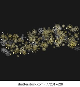 Glitter snowflakes frame on black background. Winter window. Shiny Christmas and New Year frame for gift certificate, ads, banners, flyers. Falling snow with golden glitter snowflakes for party invite