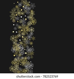 Glitter snowflakes frame on black background. Winter window. Shiny Christmas and New Year frame for gift certificate, ads, banners, flyers. Falling snow with golden glitter snowflakes for party invite