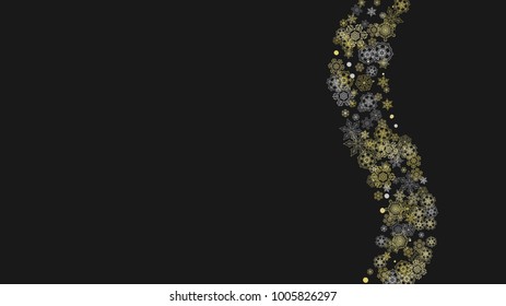 Glitter snowflakes frame on   horizontal background. Shiny Christmas and New Year frame for gift certificate, ads, banners, flyers. Falling snow with golden glitter snowflakes for party invite