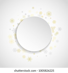 Glitter snowflakes frame on white square background. Paper Christmas and New Year frame for gift certificate, ads, banners, flyers. Falling snow with golden glitter snowflakes for party invite