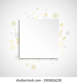 Glitter snowflakes frame on white square background. Paper Christmas and New Year frame for gift certificate, ads, banners, flyers. Falling snow with golden glitter snowflakes for party invite