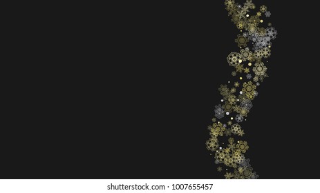 Glitter snowflakes frame on white horizontal background. Shiny Christmas and New Year frame for gift certificate, ads, banners, flyers. Falling snow with golden glitter snowflakes for party invite