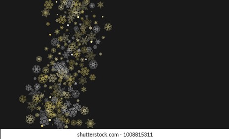 Glitter snowflakes frame on white horizontal background. Shiny Christmas and New Year frame for gift certificate, ads, banners, flyers. Falling snow with golden glitter snowflakes for party invite