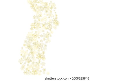 Glitter snowflakes frame on white horizontal background. Shiny Christmas and New Year frame for gift certificate, ads, banners, flyers. Falling snow with golden glitter snowflakes for party invite