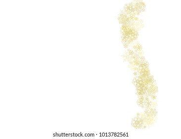 Glitter snowflakes frame on white horizontal background. Shiny Christmas and New Year frame for gift certificate, ads, banners, flyers. Falling snow with golden glitter snowflakes for party invite