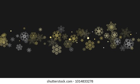 Glitter snowflakes frame on white horizontal background. Shiny Christmas and New Year frame for gift certificate, ads, banners, flyers. Falling snow with golden glitter snowflakes for party invite