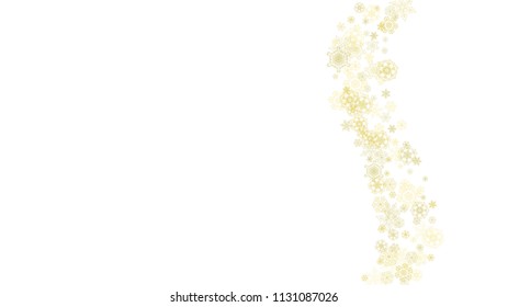Glitter snowflakes frame on white horizontal background. Shiny Christmas and New Year frame for gift certificate, ads, banners, flyers. Falling snow with golden glitter snowflakes for party invite