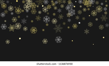 Glitter snowflakes frame on white horizontal background. Shiny Christmas and New Year frame for gift certificate, ads, banners, flyers. Falling snow with golden glitter snowflakes for party invite