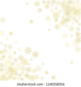 Glitter snowflakes frame on white background. Winter window. Shiny Christmas and New Year frame for gift certificate, ads, banners, flyers. Falling snow with golden glitter snowflakes for party invite
