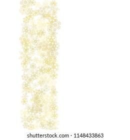 Glitter snowflakes frame on white background. Winter window. Shiny Christmas and New Year frame for gift certificate, ads, banners, flyers. Falling snow with golden glitter snowflakes for party invite