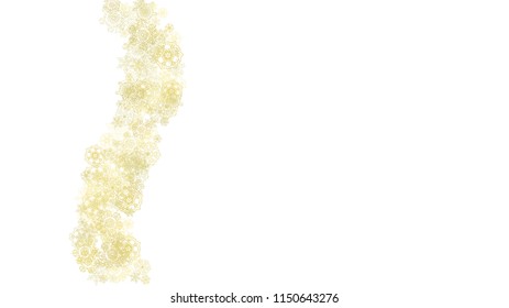 Glitter snowflakes frame on white horizontal background. Shiny Christmas and New Year frame for gift certificate, ads, banners, flyers. Falling snow with golden glitter snowflakes for party invite