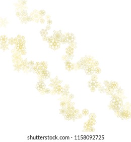 Glitter snowflakes frame on white background. Winter window. Shiny Christmas and New Year frame for gift certificate, ads, banners, flyers. Falling snow with golden glitter snowflakes for party invite