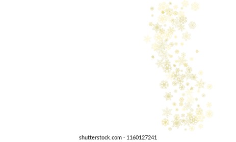 Glitter snowflakes frame on white horizontal background. Shiny Christmas and New Year frame for gift certificate, ads, banners, flyers. Falling snow with golden glitter snowflakes for party invite