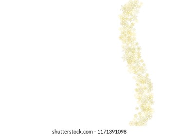 Glitter snowflakes frame on white horizontal background. Shiny Christmas and New Year frame for gift certificate, ads, banners, flyers. Falling snow with golden glitter snowflakes for party invite