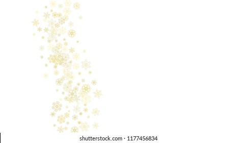 Glitter snowflakes frame on white horizontal background. Shiny Christmas and New Year frame for gift certificate, ads, banners, flyers. Falling snow with golden glitter snowflakes for party invite