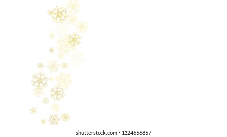 Glitter snowflakes frame on white horizontal background. Shiny Christmas and New Year frame for gift certificate, ads, banners, flyers. Falling snow with golden glitter snowflakes for party invite