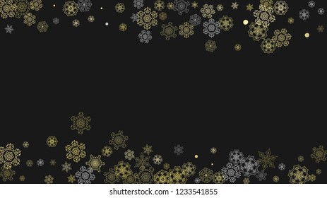 Glitter snowflakes frame on white horizontal background. Shiny Christmas and New Year frame for gift certificate, ads, banners, flyers. Falling snow with golden glitter snowflakes for party invite