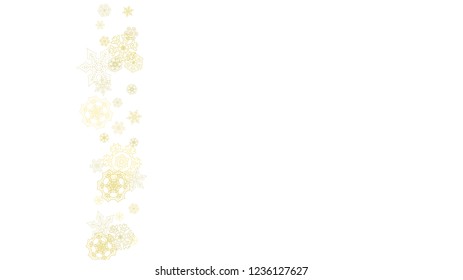 Glitter snowflakes frame on white horizontal background. Shiny Christmas and New Year frame for gift certificate, ads, banners, flyers. Falling snow with golden glitter snowflakes for party invite