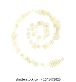 Glitter snowflakes frame on white background. Winter window. Shiny Christmas and New Year frame for gift certificate, ads, banners, flyers. Falling snow with golden glitter snowflakes for party invite