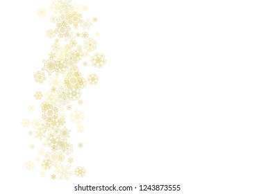 Glitter snowflakes frame on white horizontal background. Shiny Christmas and New Year frame for gift certificate, ads, banners, flyers. Falling snow with golden glitter snowflakes for party invite