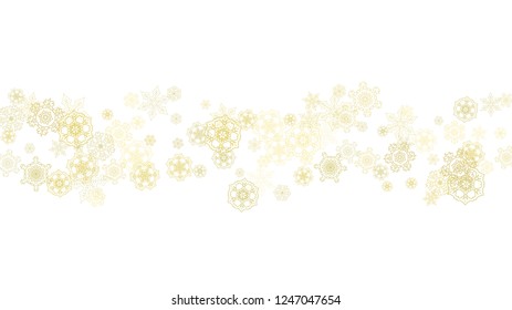 Glitter snowflakes frame on white horizontal background. Shiny Christmas and New Year frame for gift certificate, ads, banners, flyers. Falling snow with golden glitter snowflakes for party invite