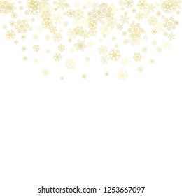 Glitter snowflakes frame on white background. Winter window. Shiny Christmas and New Year frame for gift certificate, ads, banners, flyers. Falling snow with golden glitter snowflakes for party invite