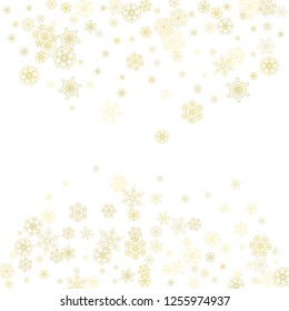 Glitter snowflakes frame on white background. Winter window. Shiny Christmas and New Year frame for gift certificate, ads, banners, flyers. Falling snow with golden glitter snowflakes for party invite