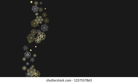 Glitter snowflakes frame on white horizontal background. Shiny Christmas and New Year frame for gift certificate, ads, banners, flyers. Falling snow with golden glitter snowflakes for party invite