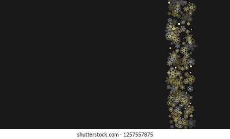 Glitter snowflakes frame on white horizontal background. Shiny Christmas and New Year frame for gift certificate, ads, banners, flyers. Falling snow with golden glitter snowflakes for party invite