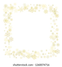Glitter snowflakes frame on white background. Winter window. Shiny Christmas and New Year frame for gift certificate, ads, banners, flyers. Falling snow with golden glitter snowflakes for party invite