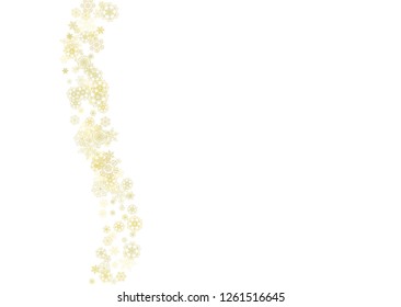 Glitter snowflakes frame on white horizontal background. Shiny Christmas and New Year frame for gift certificate, ads, banners, flyers. Falling snow with golden glitter snowflakes for party invite
