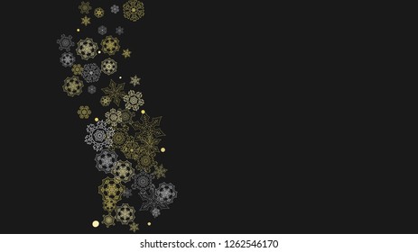Glitter snowflakes frame on white horizontal background. Shiny Christmas and New Year frame for gift certificate, ads, banners, flyers. Falling snow with golden glitter snowflakes for party invite