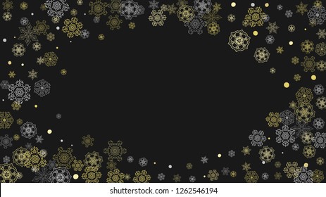 Glitter snowflakes frame on white horizontal background. Shiny Christmas and New Year frame for gift certificate, ads, banners, flyers. Falling snow with golden glitter snowflakes for party invite
